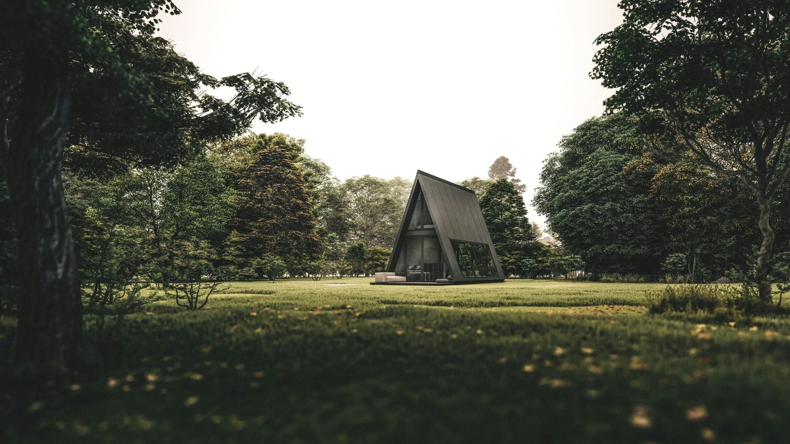 Exterior of rural creative cottage in shape of triangle located on grassy lawn in abundant forest